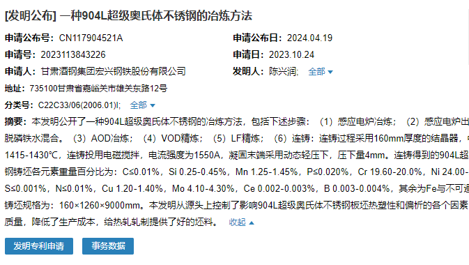 酒鋼宏興成功申請“一種904L超級(jí)奧氏體不銹鋼的冶煉方法”專利